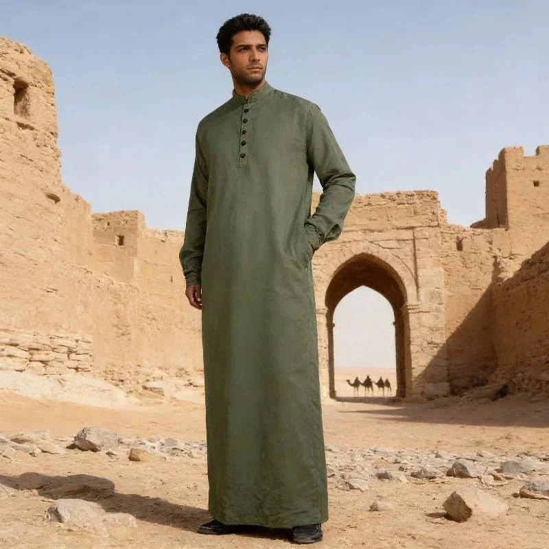 Men Muslim Thobe Kandura Jubba Long Sleeve Stand Collar Solid Color Islamic Clothing for Eid Ramadan Daily Wear S-3XL