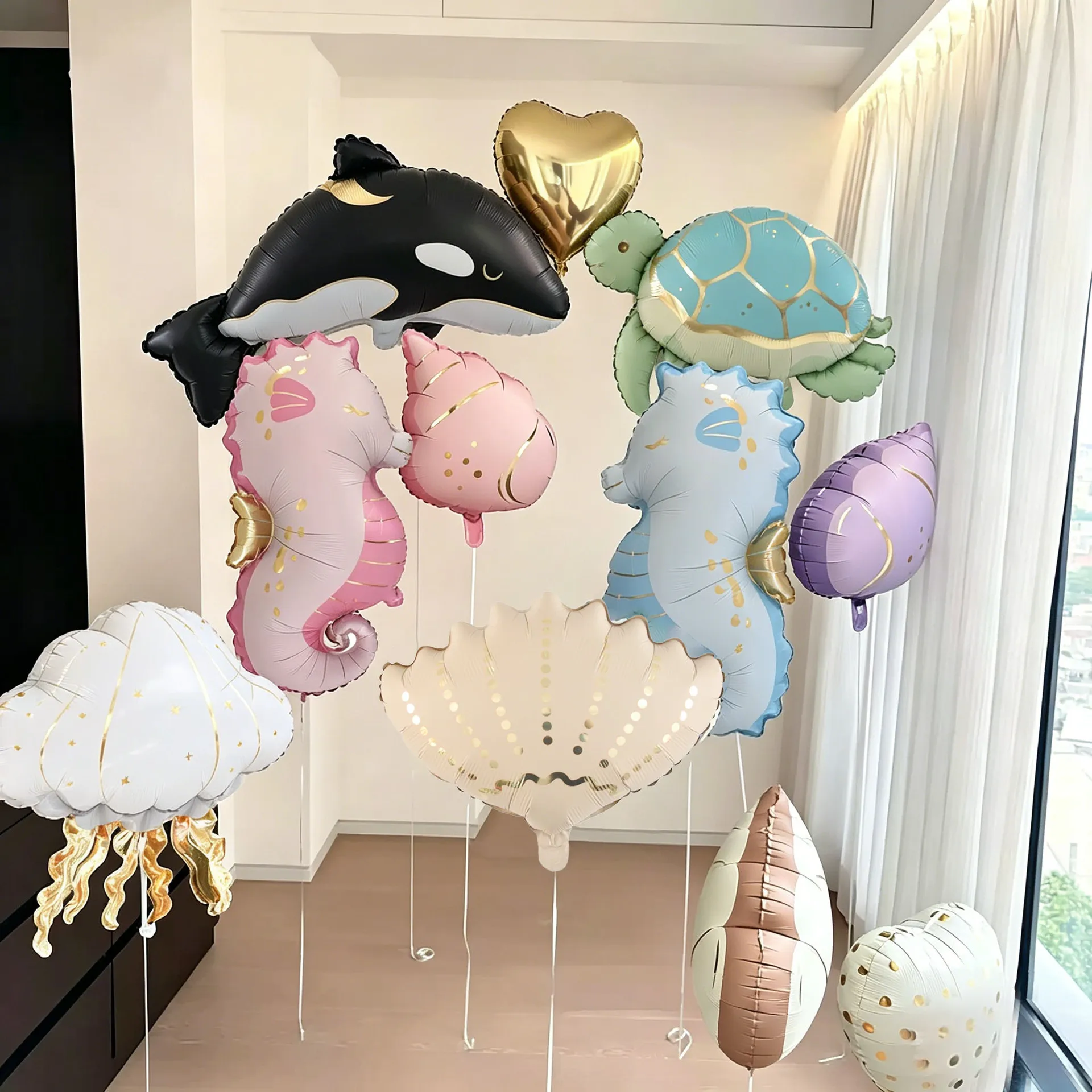 Matte Aluminiumfolienballons im Ozean-Stil, Seestern, Muscheln, Qualle, Geburtstagsparty, Schuldekoration – Detail 1