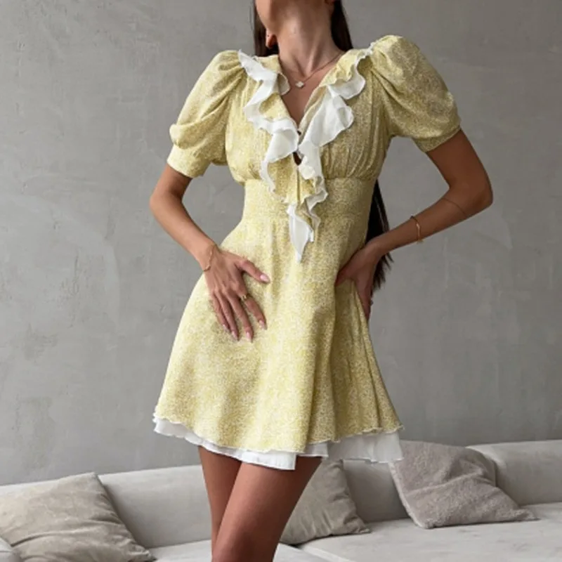 

Tsiisd Elegant Floral Print Dress Female Casual Ruffle V Neck Short Sleeve Romantic Party Clothes Holiday Vestidos Women's Dress