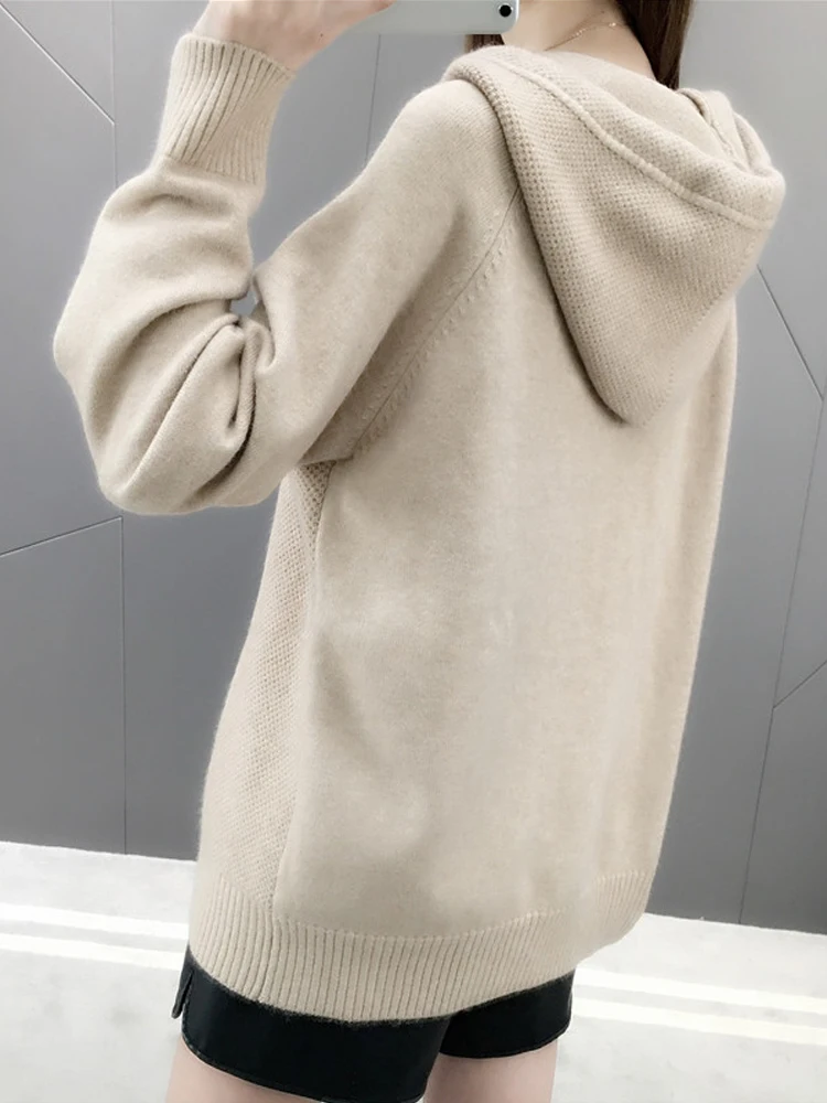 Hooded Sweater Women Autumn Sweater Sueter Mujer Invierno 2023 New Loose All Match Solid Tops Bottoming Knitwear Pull Femme