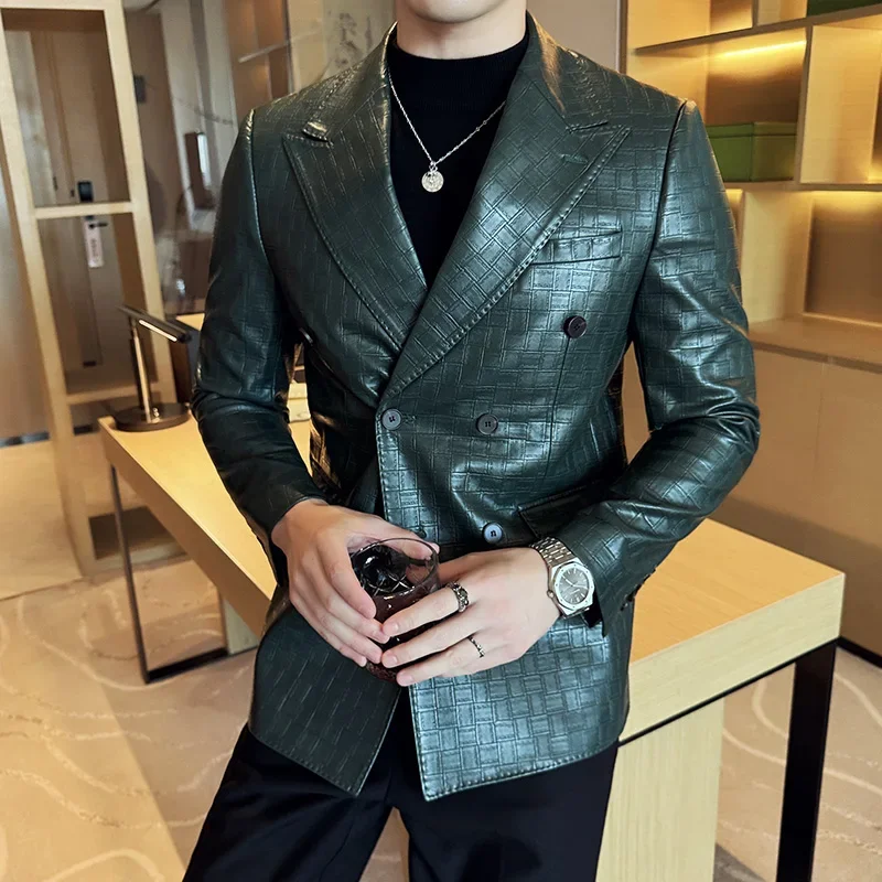 High Quality Square Grid Double Breasted Leather Jacket Fashion Business Slim Fit Casual Men Suit Blazer Tuxedos Men Clothing