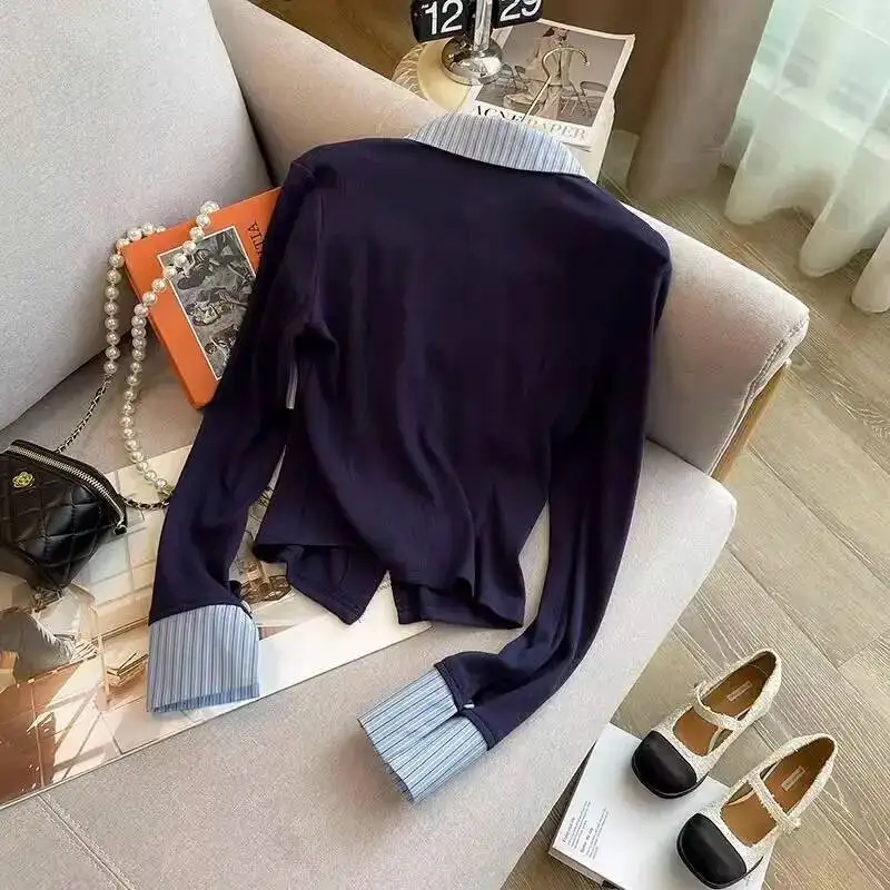 

Женская винтажная полосатая лоскутная рубашка из двух предметов, корейская модная простая блузка для поездок на работу, женские тонкие универсальные топы с длинными рукавами