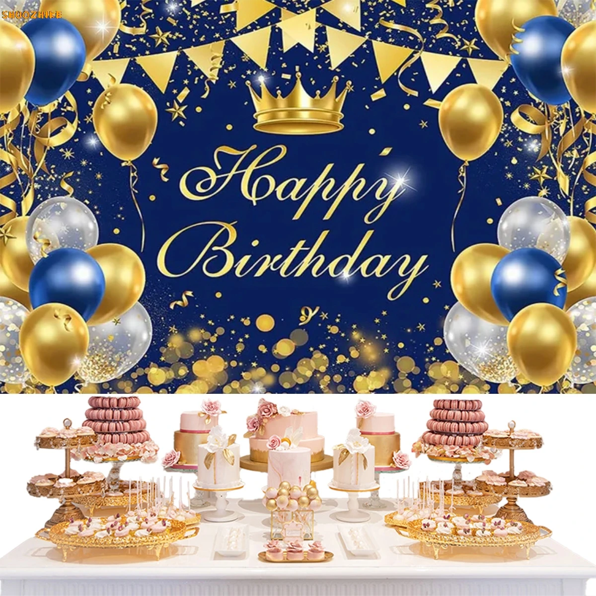 パーソナライズされた誕生日パーティーの背景,金,青,黒,ピンクのバルーンケーキポスター,赤ちゃんと子供のバナー,パーティー用のビニールの背景