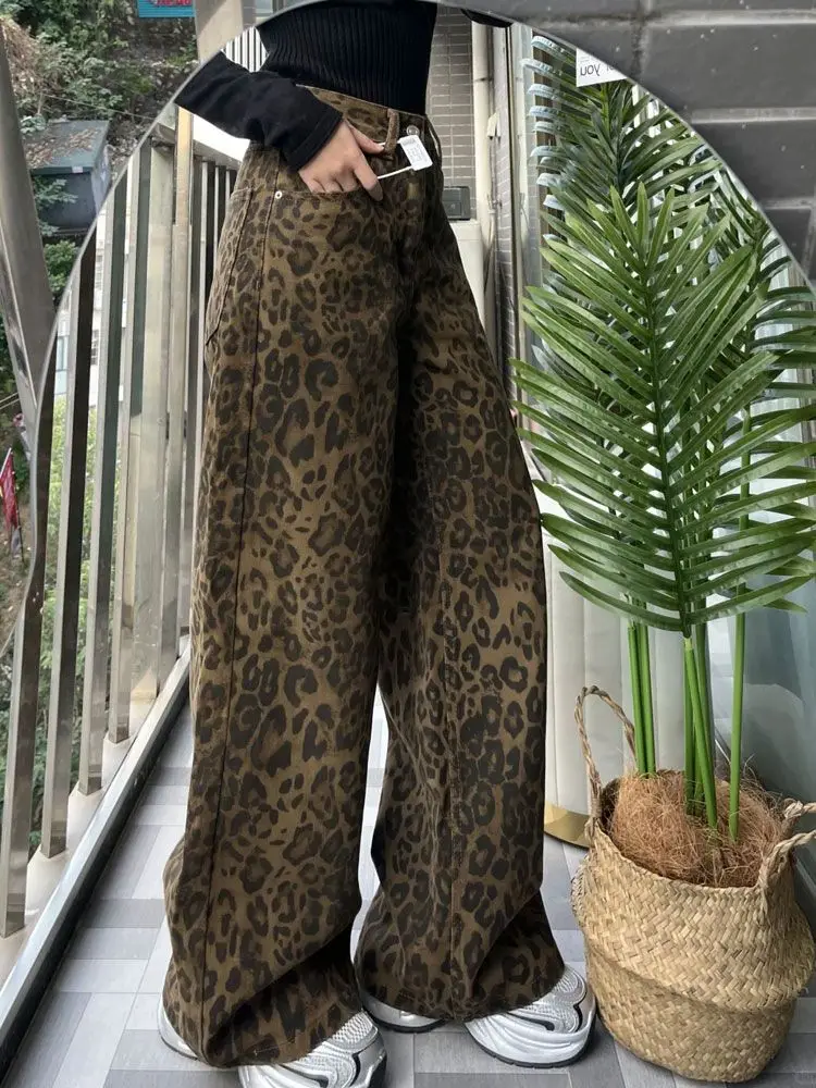 

Широкие брюки с леопардовым принтом в американском стиле ретро, высокая талия, весна-осень 202, джинсовые брюки High Street, новые тонкие свободные прямые брюки для мытья полов