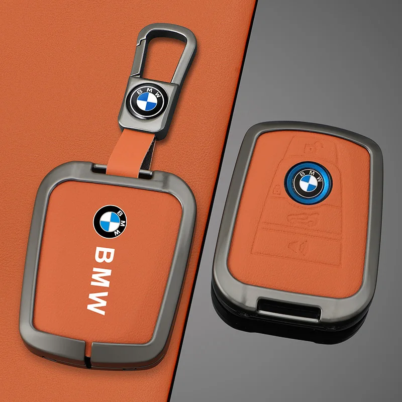 Orange Leather Zinc Alloy Car Remote Key Case For BMW I3 I8 Series 2014 2015 2016 2017 2018 Protection Keychain Accessories