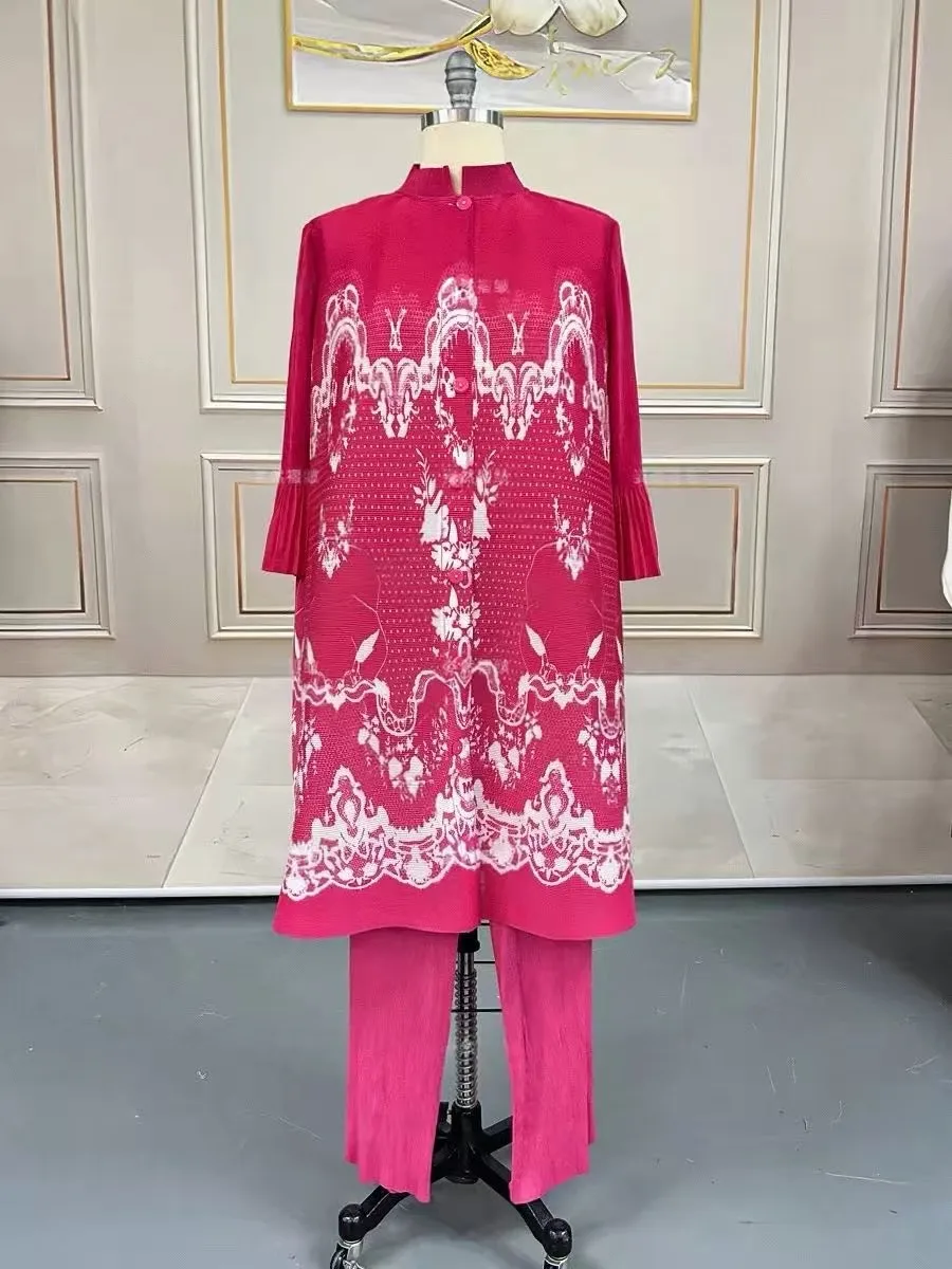 

Miyake Loose Women's Clothing Yellow Printed Pleated Long Shirt Casual Pants Two-piece Set 2026 New Pleated Set