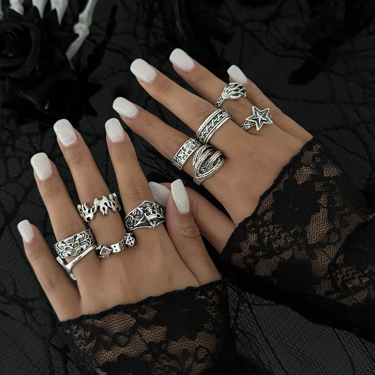 PuRui 10 Pcs/Set Fashion Creative Irregular Star Cross Adjustable Rings Men Punk Hip Hop Silver Color Open Finger Rings Jewelry
