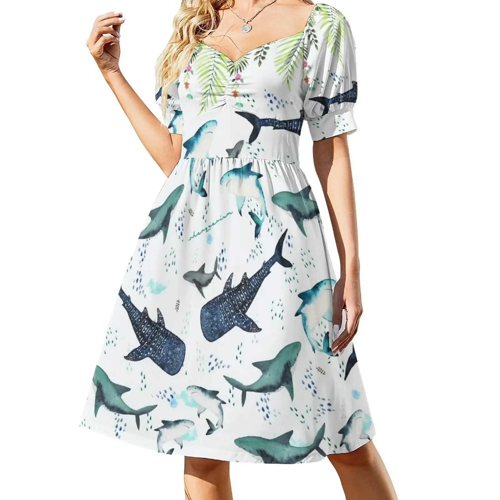 

floral shark pattern Short-Sleeved Dress Evening dresses summer clothes