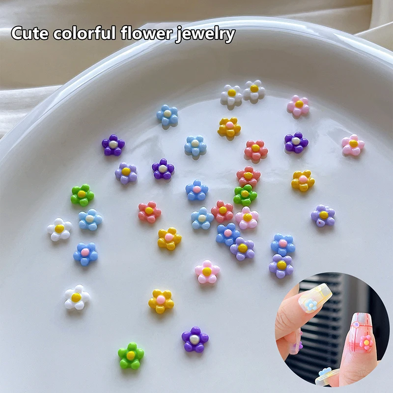 50pcs Small Flower Nail Art Charms 3D Resin 5Petal Rhinestones Nail Decorations Kawaii Accessories Manicure DIY