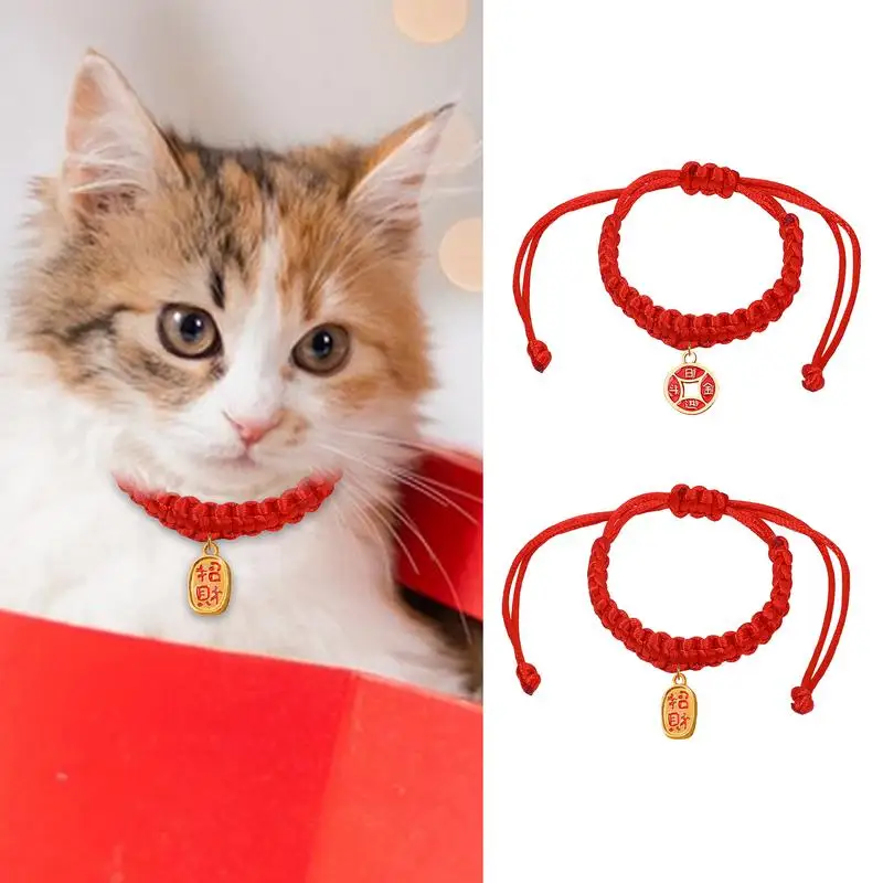 Adjustable Hand Knitted red rope Cat Necklace Festive Holiday Decor Woven Puppy Cat Collar Necklace with Lucky Bell Kitten Scarf