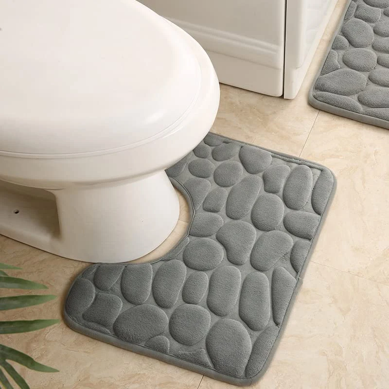 Non-Slip Bath Mat Toilet Mat 2-Piece Bathroom Rug Set Soft Bath Mat with Cobblestone Pattern Washable Bath Mats Grey