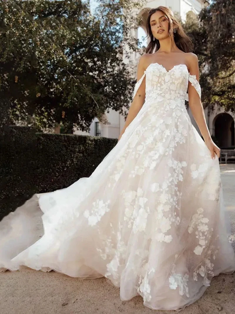 Abiti da sposa classici abiti da sposa con spalle scoperte Appliques di pizzo a-line abiti senza spalline per abiti da festa formale De Novia