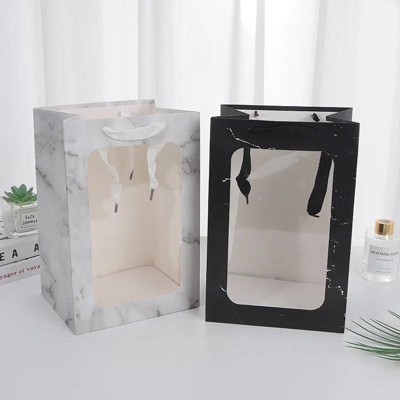 10pcs Transparent Window Gift Bag Showcase Paper Bag for Valentine's Day Flowers Packaging Gift Bags for Birthday Souvenirs