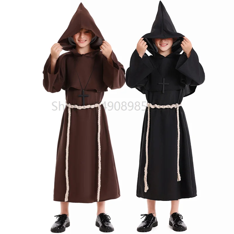 

Medieval Unisex Childrens Monk Robes Costumes Wizard Outfits Priest Cosplay Girls Boys Tunic Cloak With Cross