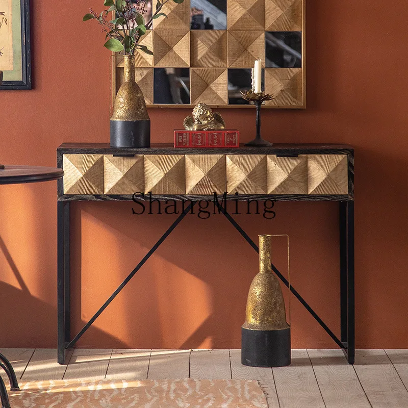 Tavolo da ingresso di lusso leggero in legno massello SM, decorazione del corridoio d'ingresso del soggiorno contro il muro, tavolo lungo con cassetti