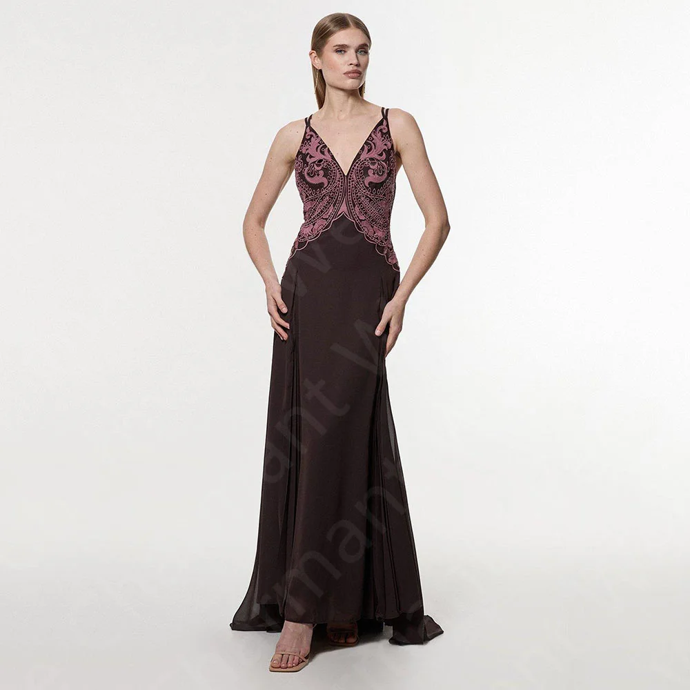

Customized New Chocolate Evening Dresses 2025 Lace Prom Party Gowns Sleeveless Wedding Guest Dresses V Neckline Back Out