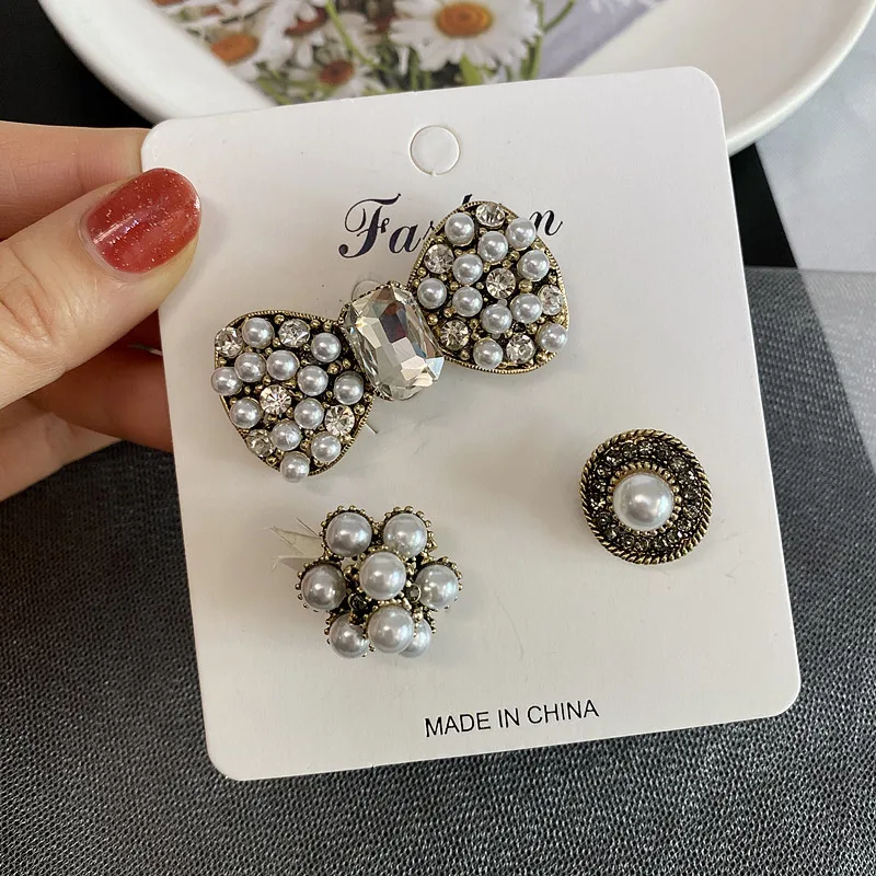 Fashion 3pc/set Cute Pearl Bow Brooch Simple Luxury Small Fragrance Shining Star Brooches Pin Vintage Buckle Corsage Safety Pins