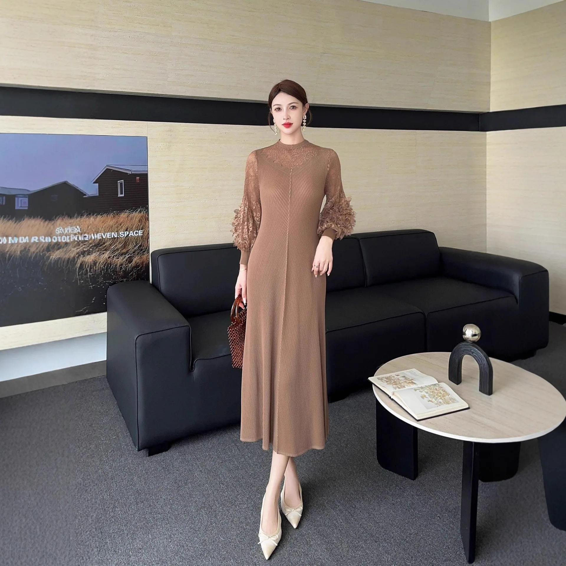 Miyake Pleated Lace Spliced Dress for Women 2025 New Solid Color High-end Half-high Neck Long Sleeve Loose Dress Long Skirt