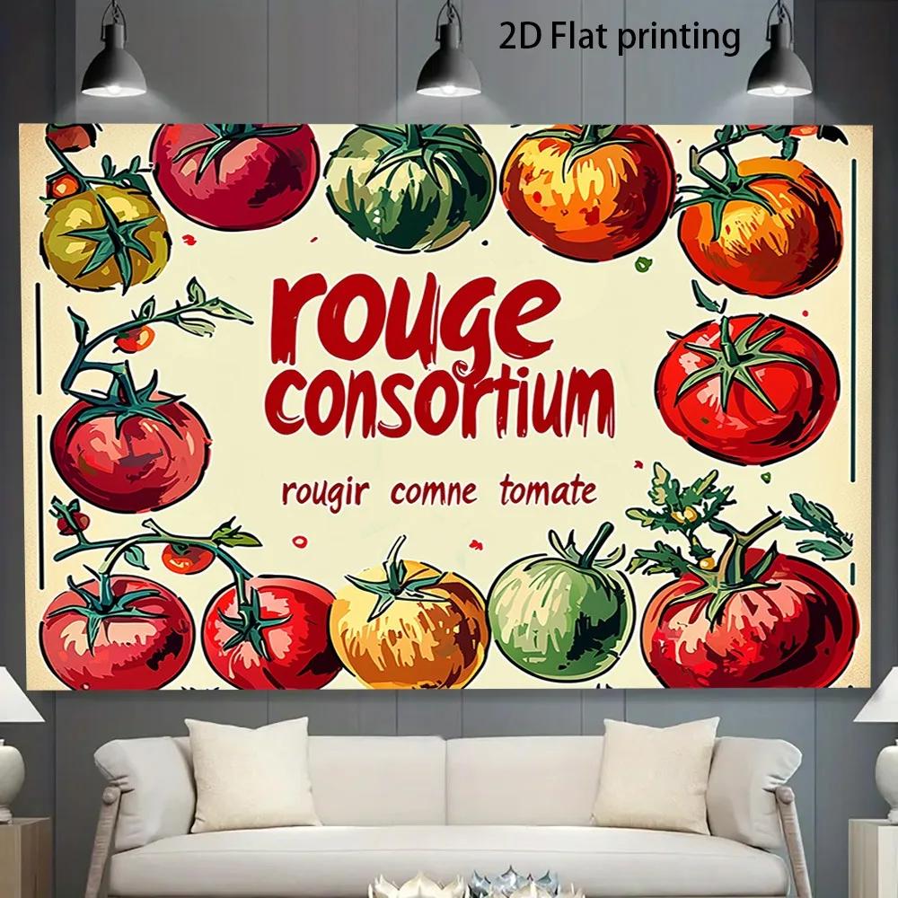 Plano 2D, 1 pieza de pancarta de fiesta con temática de tomate francés con estampado UV de color rojo tomate, resistente con texto francés y variedades de tomate
