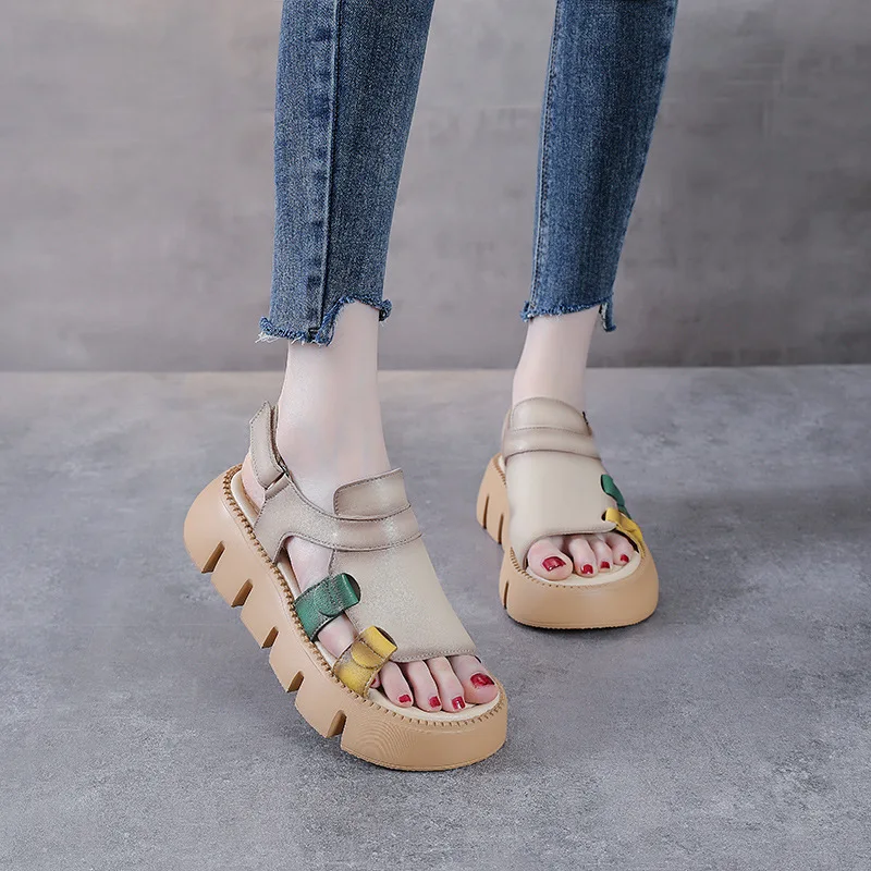 

Cowhide Woven Roman Sandals Women's Summer New Leather Hollow Fishmouth Thick-soled Sponge Cake Hole Shoes