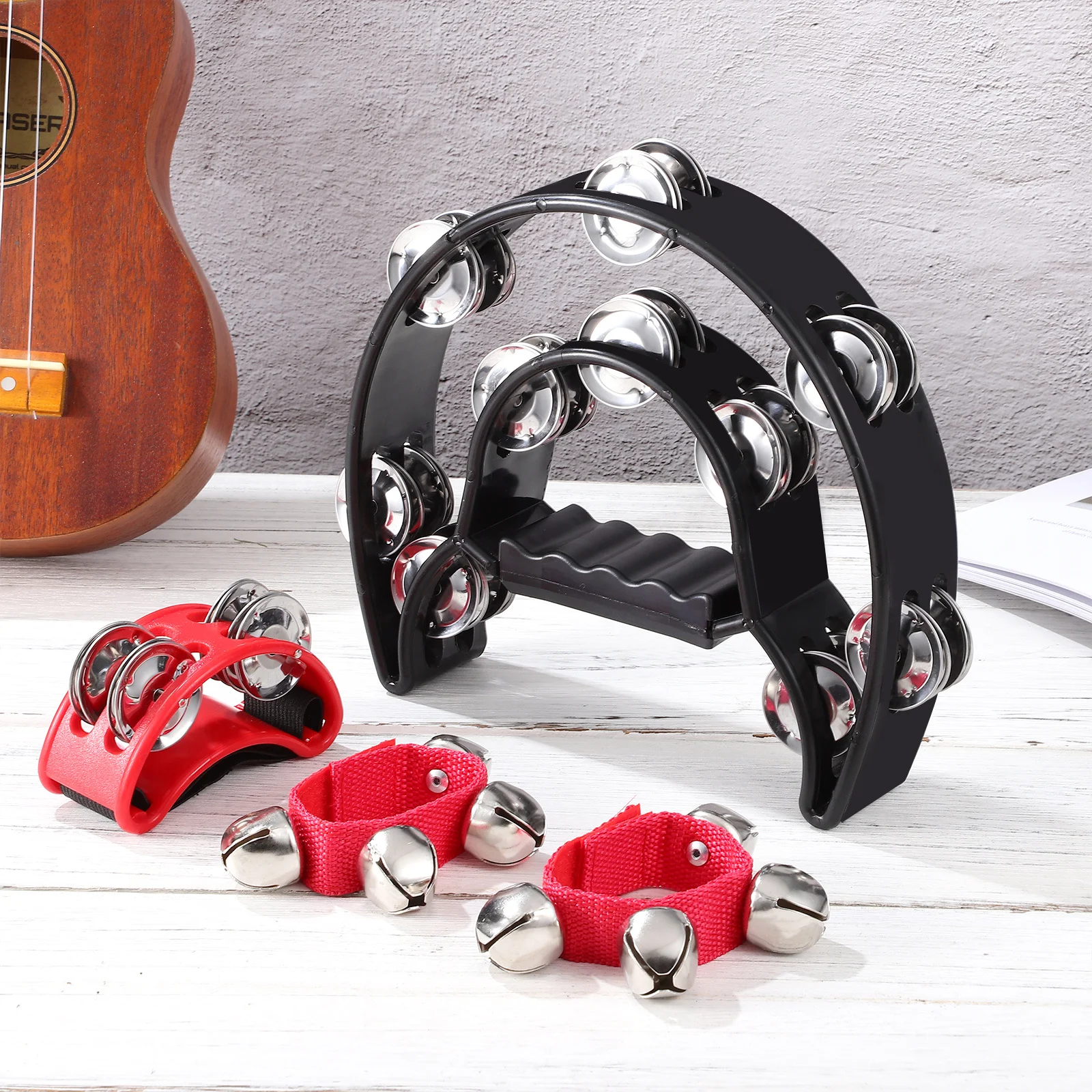 

4Pcs Musical Tambourine Hand Foot Bell Set Kids Education Instrument Bright Sound Non-Slip Grip for Indoor Outdoor Activities