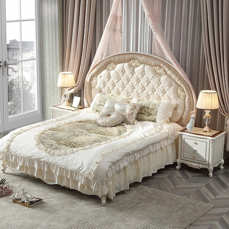 

!@Versailles French Palace Style Double Bed Solid Wood Chesterfield Carved Fabric Bed European Style Bedroom Wedding Bed