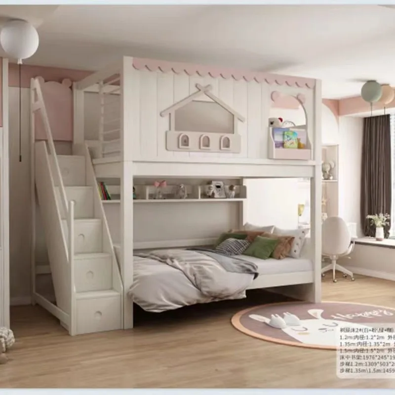 Children's high guardrail tree house bed cherry wood bunk solid wood double-layer adult high and low child and mother bed with t