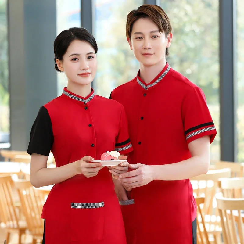 Tea House Blouse Waitress Overalls Summer Short Sleeve Hot Pot Shop Cafe Waiter Uniforms Restaurant Food Service Cooking Clothes