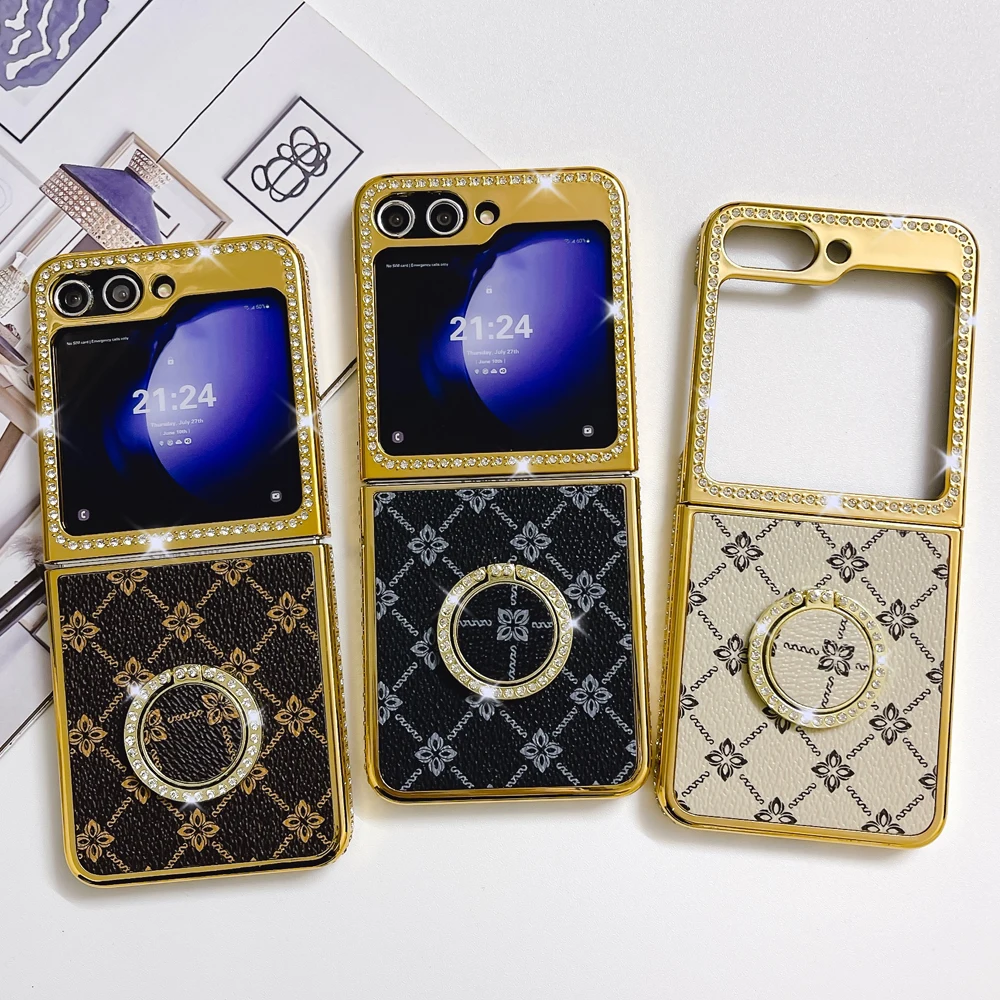 Luxury Gold Cover Diamond Case for Samsung Galaxy Z Flip 5 Flip 3 Leather Flower Plaid Case for Samsung Galaxy Z Flip 6 Z Flip 4