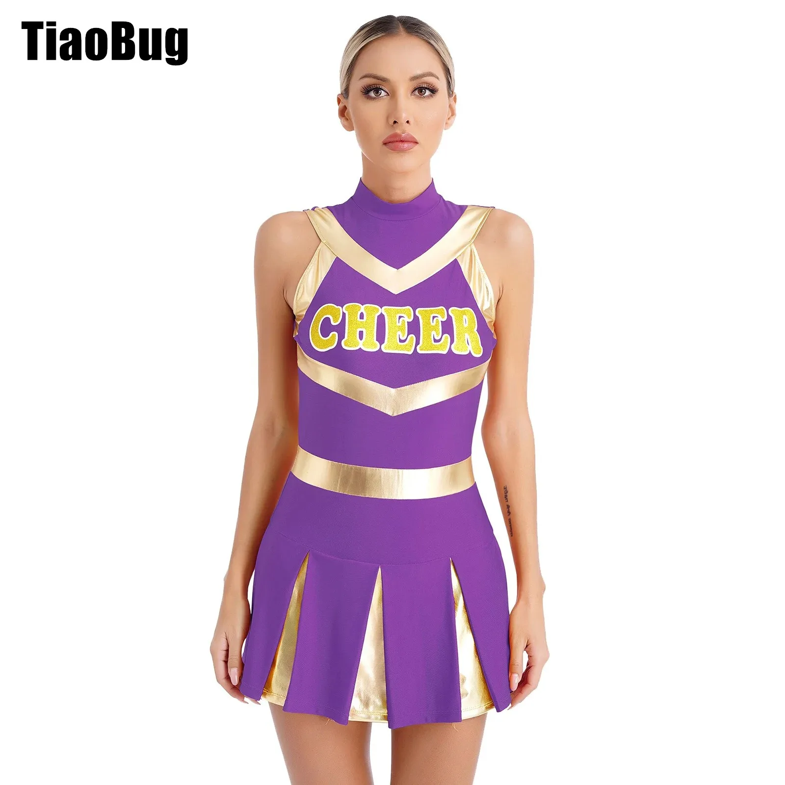 

Womens Shiny Cheerleading Uniform Sleeveless Pleated Print Dress Youthful Schoolgirl Cheer Squad Dress Halloween Costumes