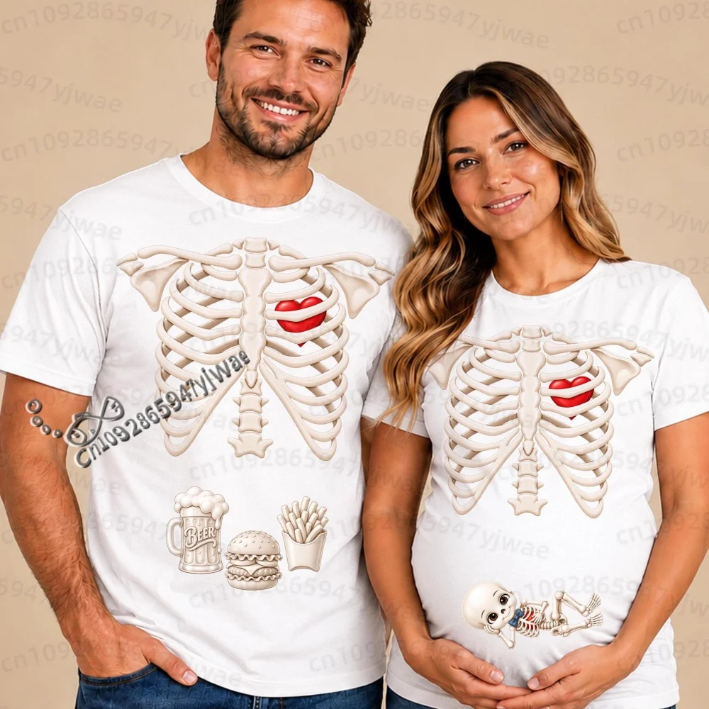 2026 Herren Halloween Skelett Schwangerschafts-Baby Halloween T-Shirt Totenkopf-Knochen-Druck Kurzarm Damen Herren Halloween Paar T-Shirt – Detail 31