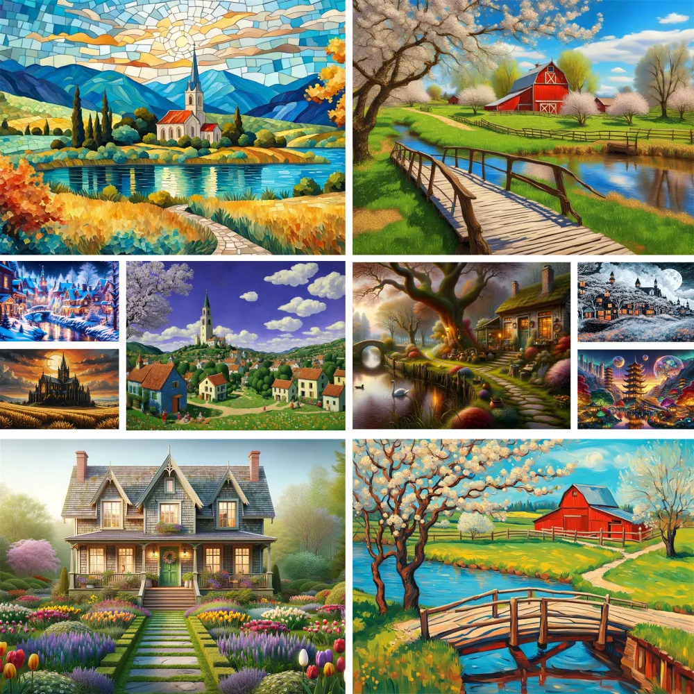 Landscape Fantasy Tower Printed 11CT Cross-Stitch Embroidery Set DMC Threads Painting Knitting Hobby Craft Promotions Magic Gift