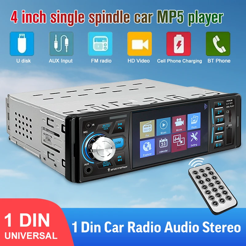 Ahoudy 1 DIN 4 inch Car Radio Bluetooth Audio Aux Input FM Receiver USB TF Card Multimedia MP5 Video Player Car Stereo