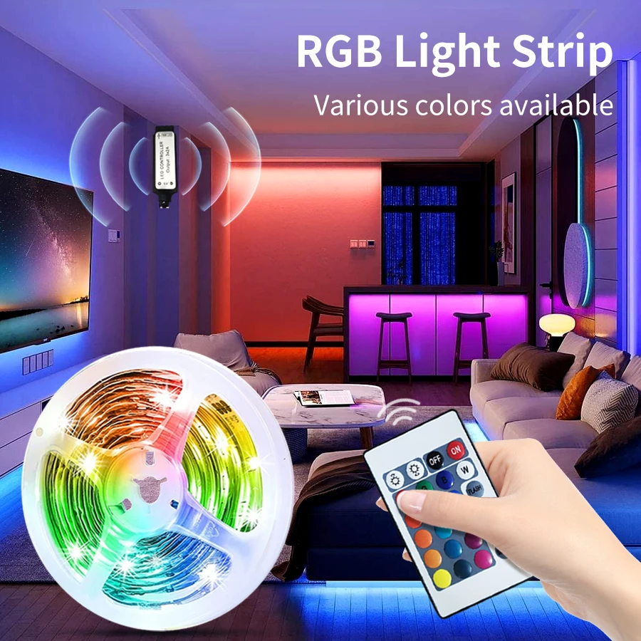 5V USB RGB LED Strip Lights Tape with IR 24 Key Remote Controller 2M 3M 5M 10M 15M Flexible Diode Ribbon TV Backlight Room Decor