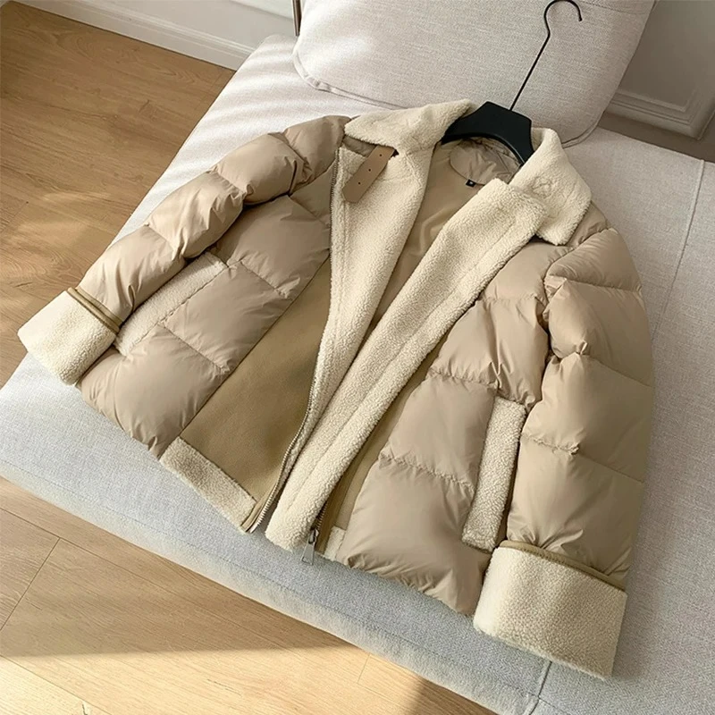 Giacca da moto invernale da donna High Street in pelle di agnello patchwork 90% piumino d'anatra bianco Lady spesso caldo capispalla in PU