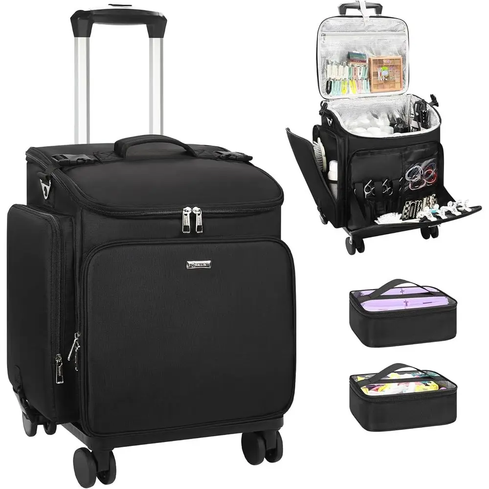 

Профессиональный кейс для макияжа на колесах, дорожная сумка для парикмахера и стилиста, чемодан для хранения, 2 прозрачных отделения, вращение на 360° ° Спиннер