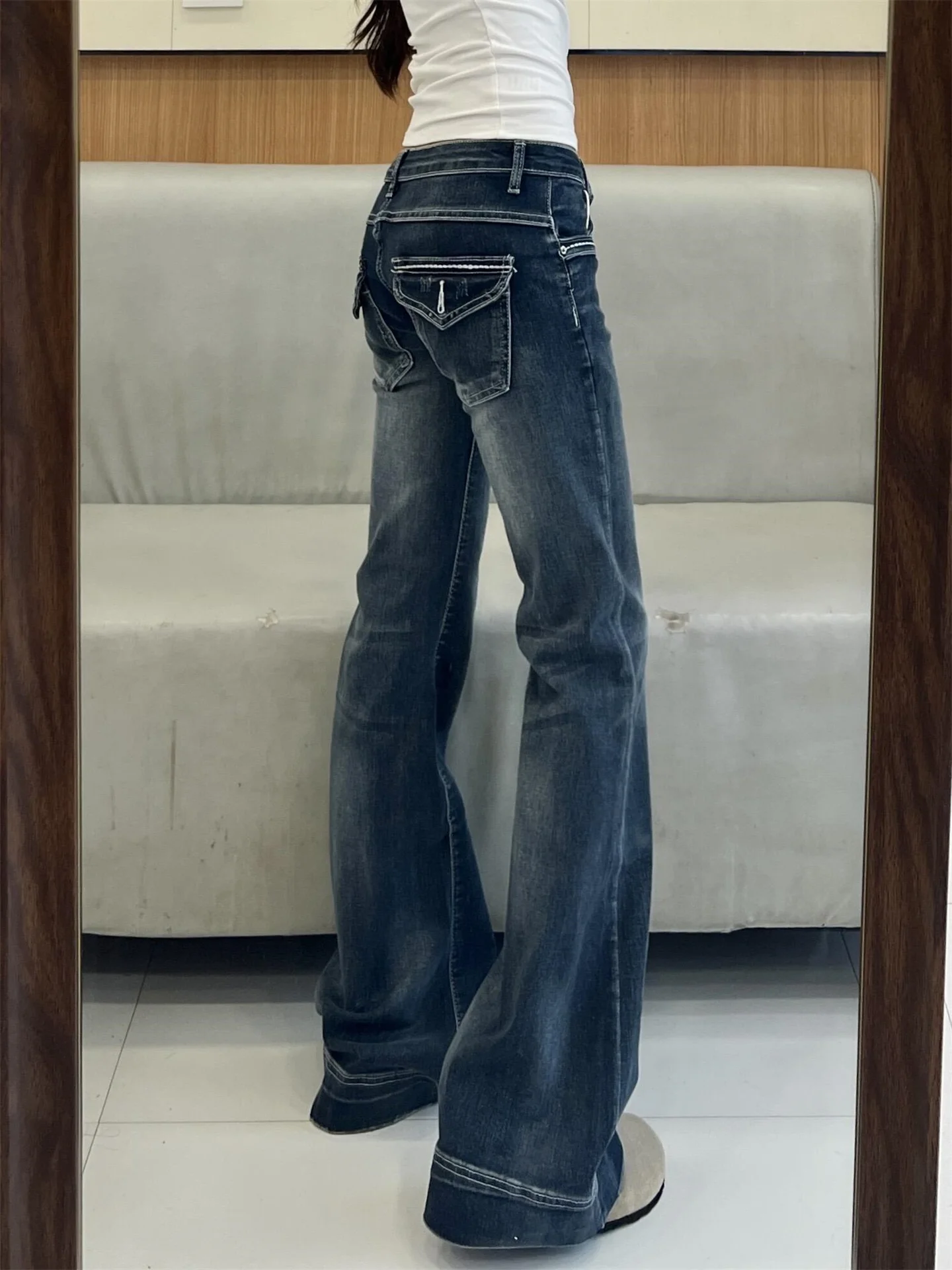 

Deep Blue Low Waist Bell Bottom Denim Jeans Women's Spring Slim Fit Elastic Washed out Floor Length Pants High Rise Jeans