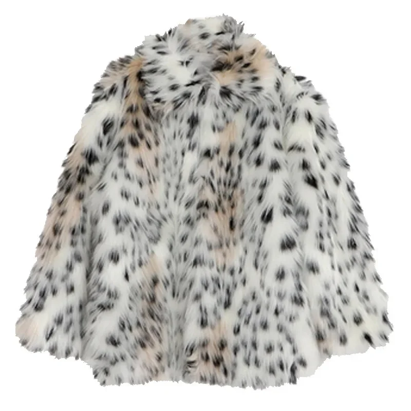 Autumn Winter Coat Women Leopard Print Faux Fur Coats Loose Y2k Thick Warm White Turn Down Collar Elegant Jackets Streetwear