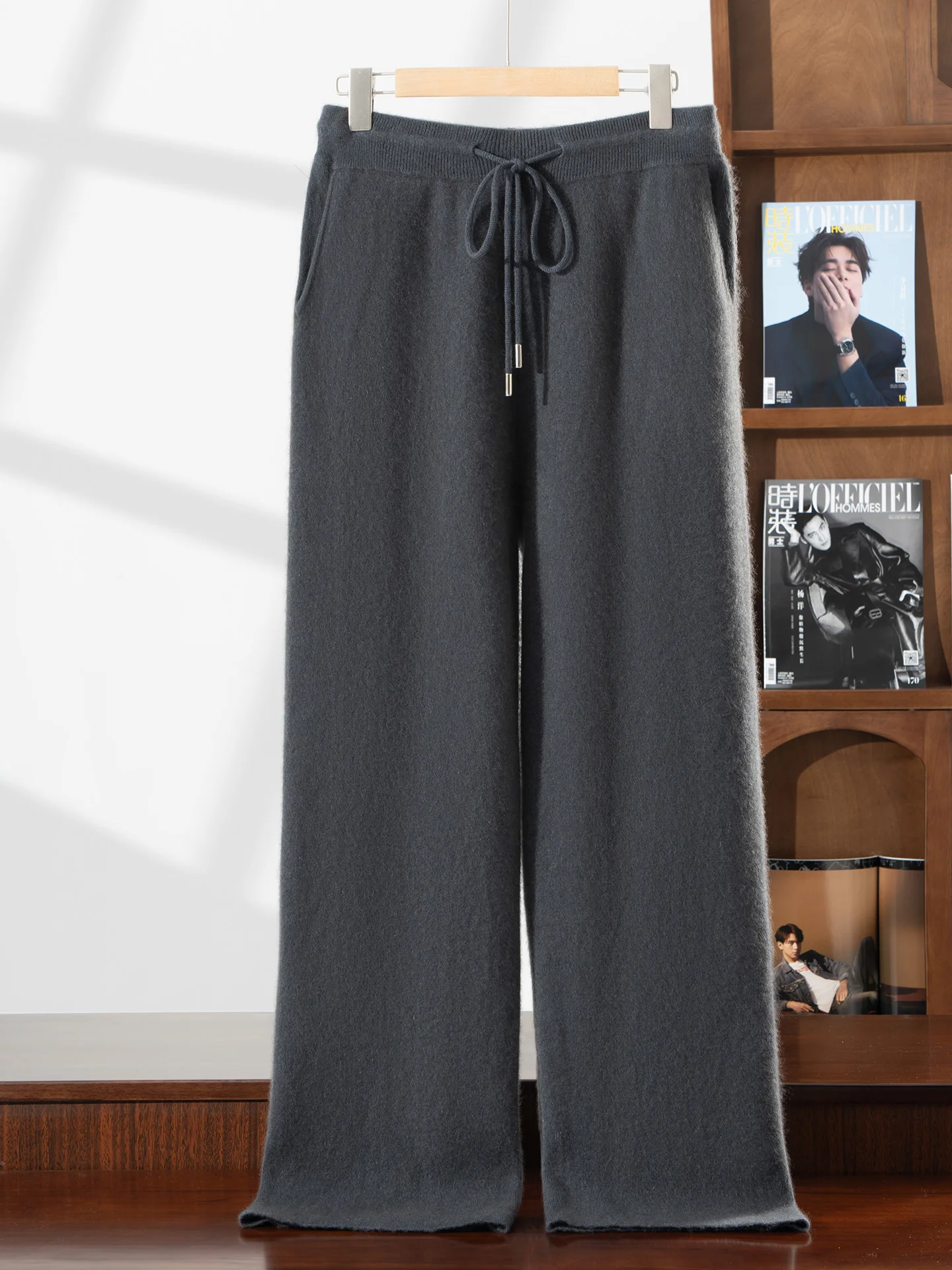 High-end 100% Pure Cashmere Pants Men Autumn Winter High Waisted Soild Casual Knitted Wide Leg Pants Versatile Outdoor Trousers