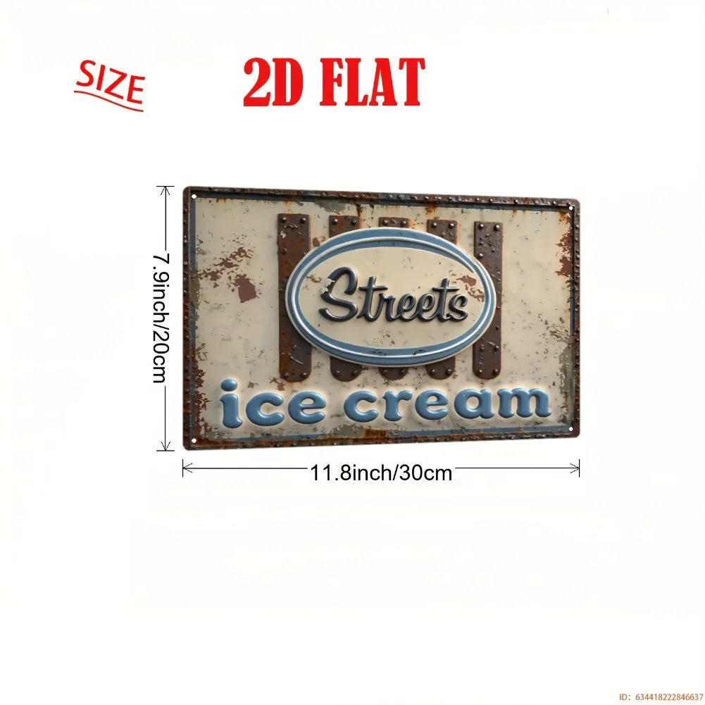 لافتة مسطحة ثنائية الأبعاد، قطعة واحدة من لافتة صالون الآيس كريم العتيقة - لوحة معدنية على طراز عشاء 50s/60s مع حروف فيروزية - حديد عالي التحمل