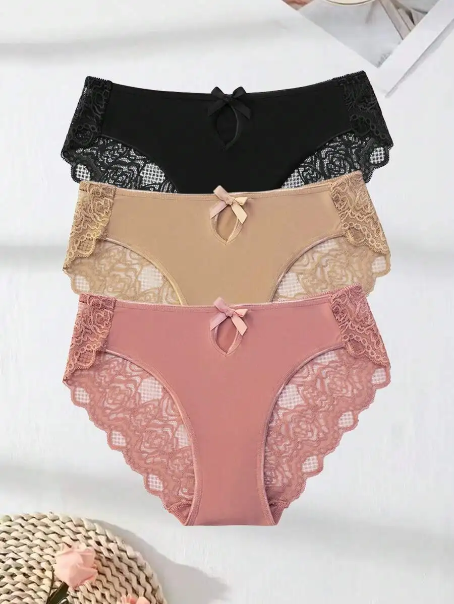 

3PCS Womens Mid Waist Lace Panties With Bow And Hollow Detail