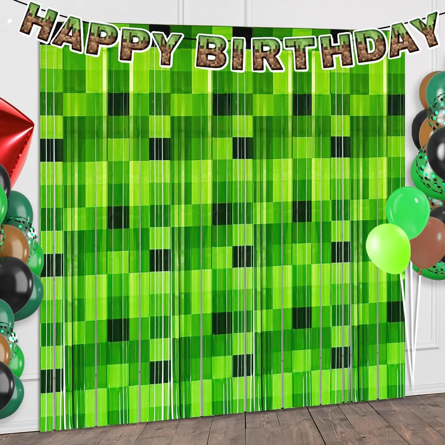 2er-Pack Grüne Folien-Fransen Pixel Geburtstags-Hintergrund, Videospiel-Türdekoration für Jungen Gaming-Geburtstagsparty Dekorationszubehör