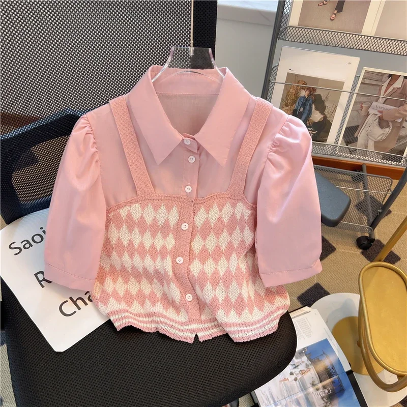 Shirts for Women 2024 Sweet Graphic T  Crop Tops Spring Pink Fake Two-piece Short Sleeved Knit Sweater Ropa Mujer Y2k Tee A557