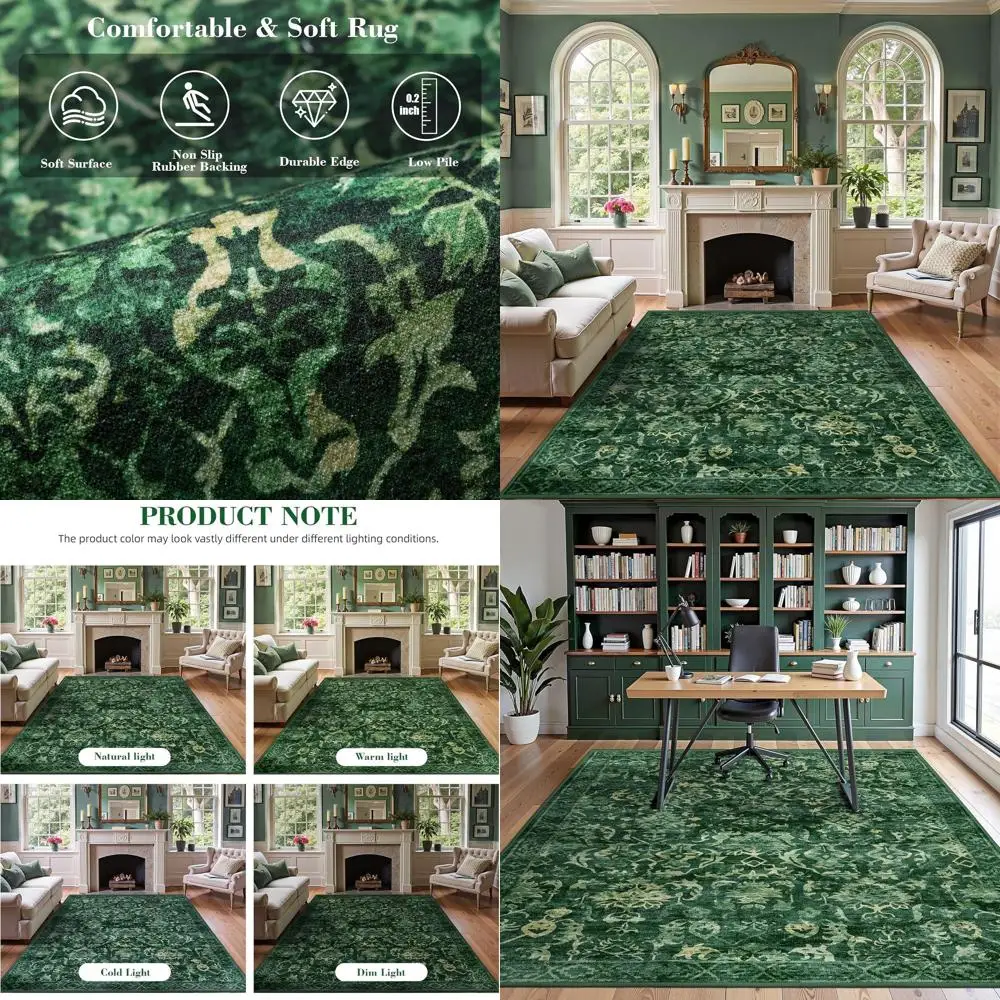 

5x7 Dark Green Vintage Rug, Washable Distressed Farmhouse Style, Soft Thin Indoor Carpet for Living Spaces