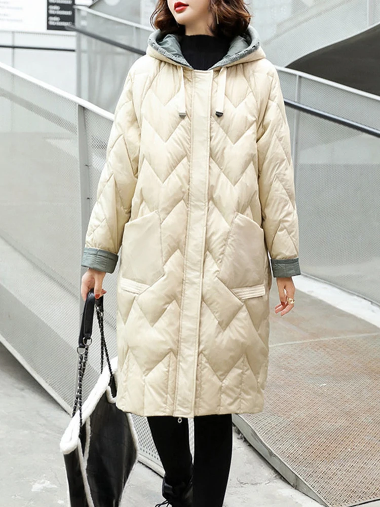 Autumn Winter Women Ultra Light Knitted Hooded White Duck Down Long Parka Casual Female Loose Warm Down Coat Outwear