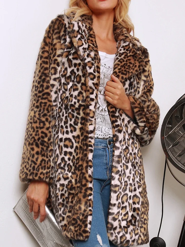 Winter Women\'s Warm Faux Fur Long Coat Leopard Leisure Women Shaggy Fur Long Jackets Thick Fluffy Luxury Bontjas Outerwear 2023