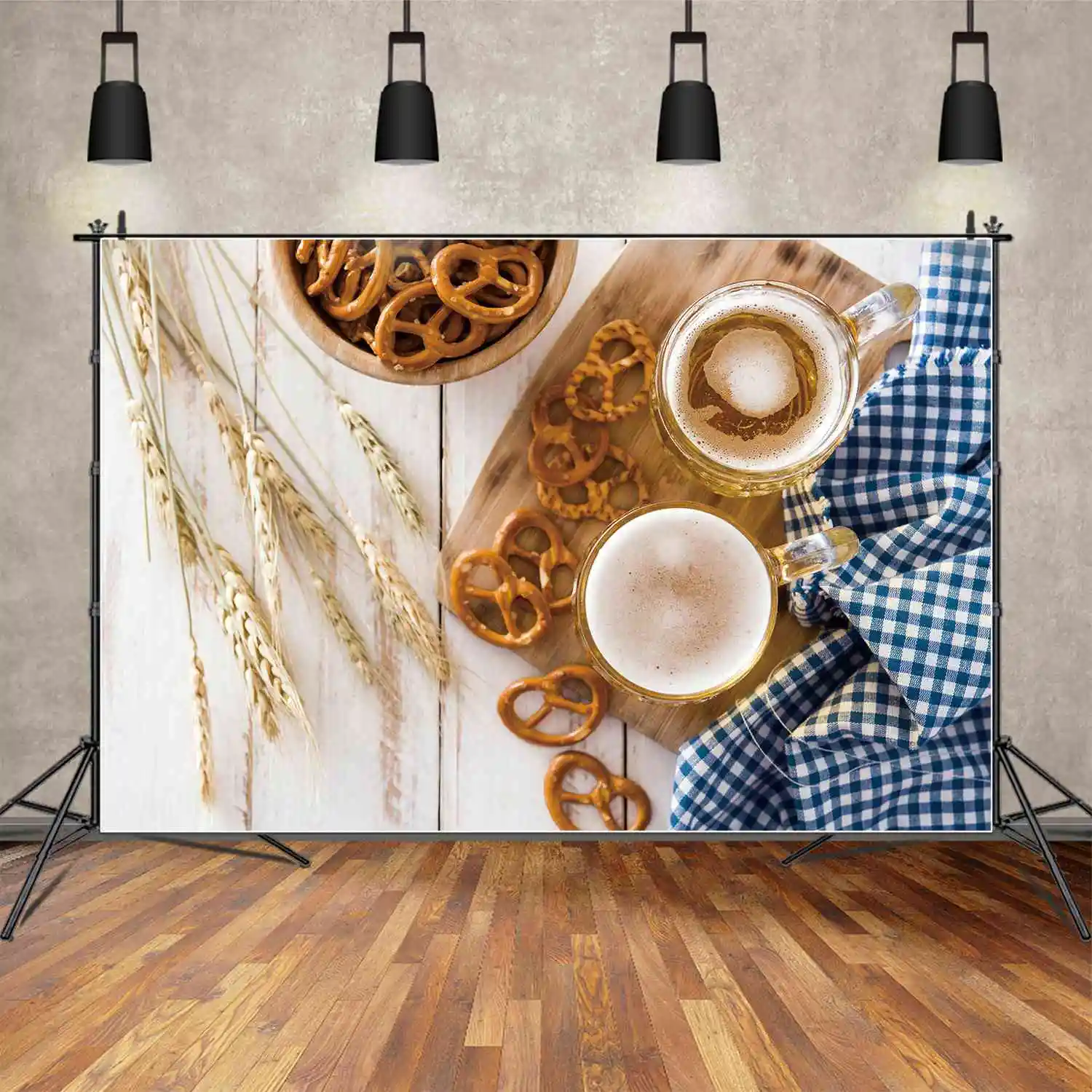 MOON.QG Backdrop Oktoberfest Banner Beer Festival Party Props Background Bagel Check Cloth Wheat Wooden Board Wall Photo Booth