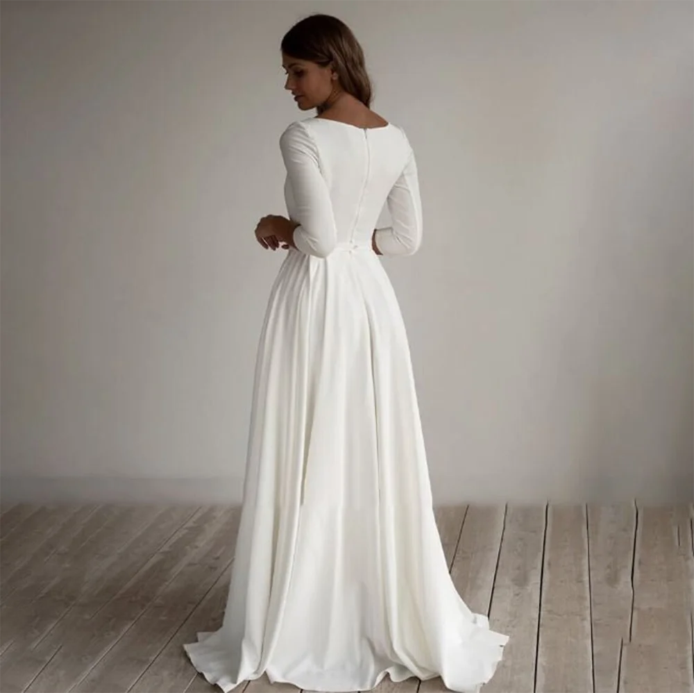 Sonho simples vestido de casamento para mulher 3/4 mangas compridas uma linha crepe barco pescoço vestidos de noiva com bolsos elegante robe de mariee