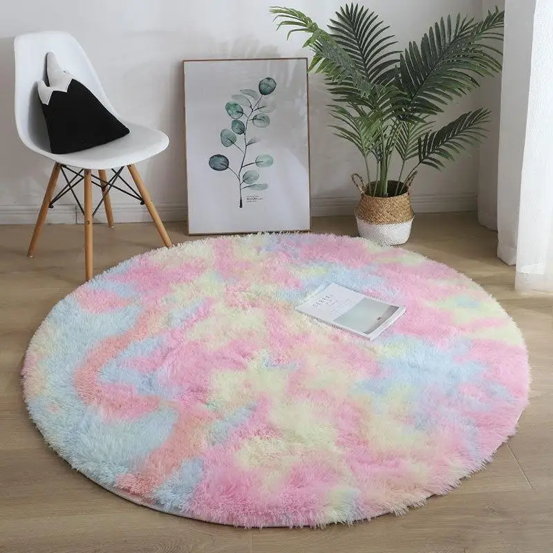 140CM Colorful Furry Round Carpet Big for Living Room Decor Rainbow Color Hair Carpets for Bedroom Girls Kids Room Mat Room Rug