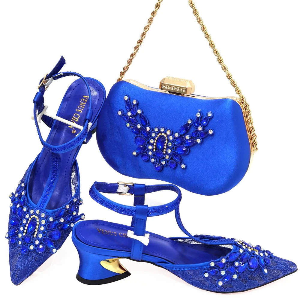 

2023 New Fashion Design Italian Women Shoes and Bag Set in Blue Color High Quality Slingbacks Pumps for Wedding Party